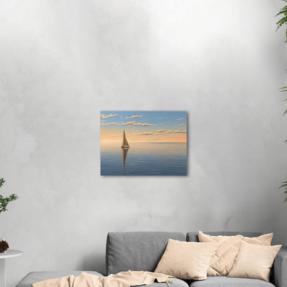 Lone Sailboat at Sunset Painting - Tranquil Sails on the Vast Horizon