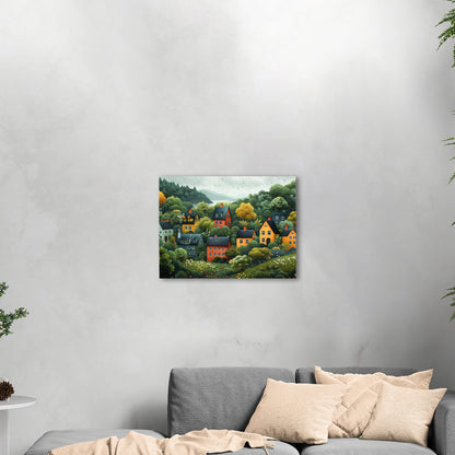 Naive art style illustration of a cute neighborhood down a hill by a lake. - Enchanting Lakeside Village