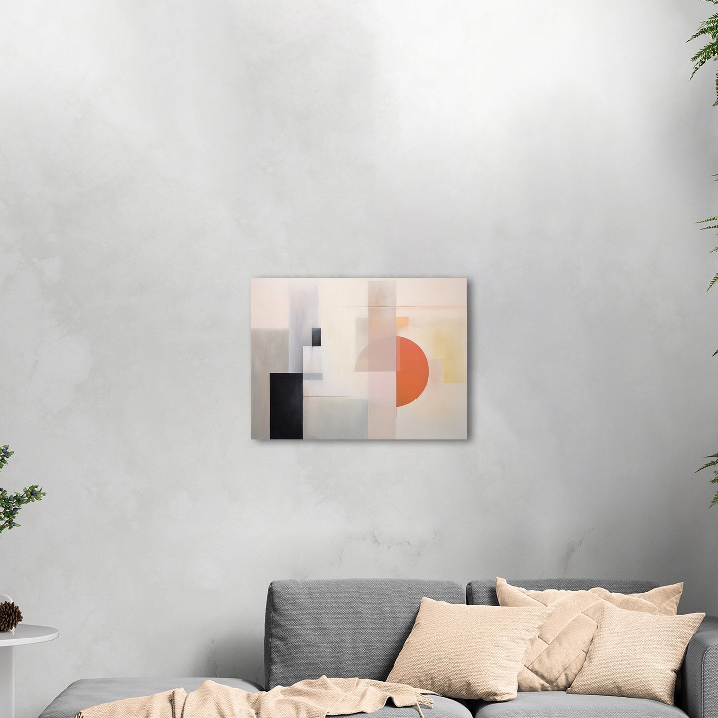 Abstract Geometric Black, Grey, Orange Shapes Painting - Mystic Horizon