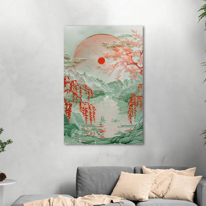 Asian Paper cut style landscape art - Ethereal Willow Dance on Crimson River