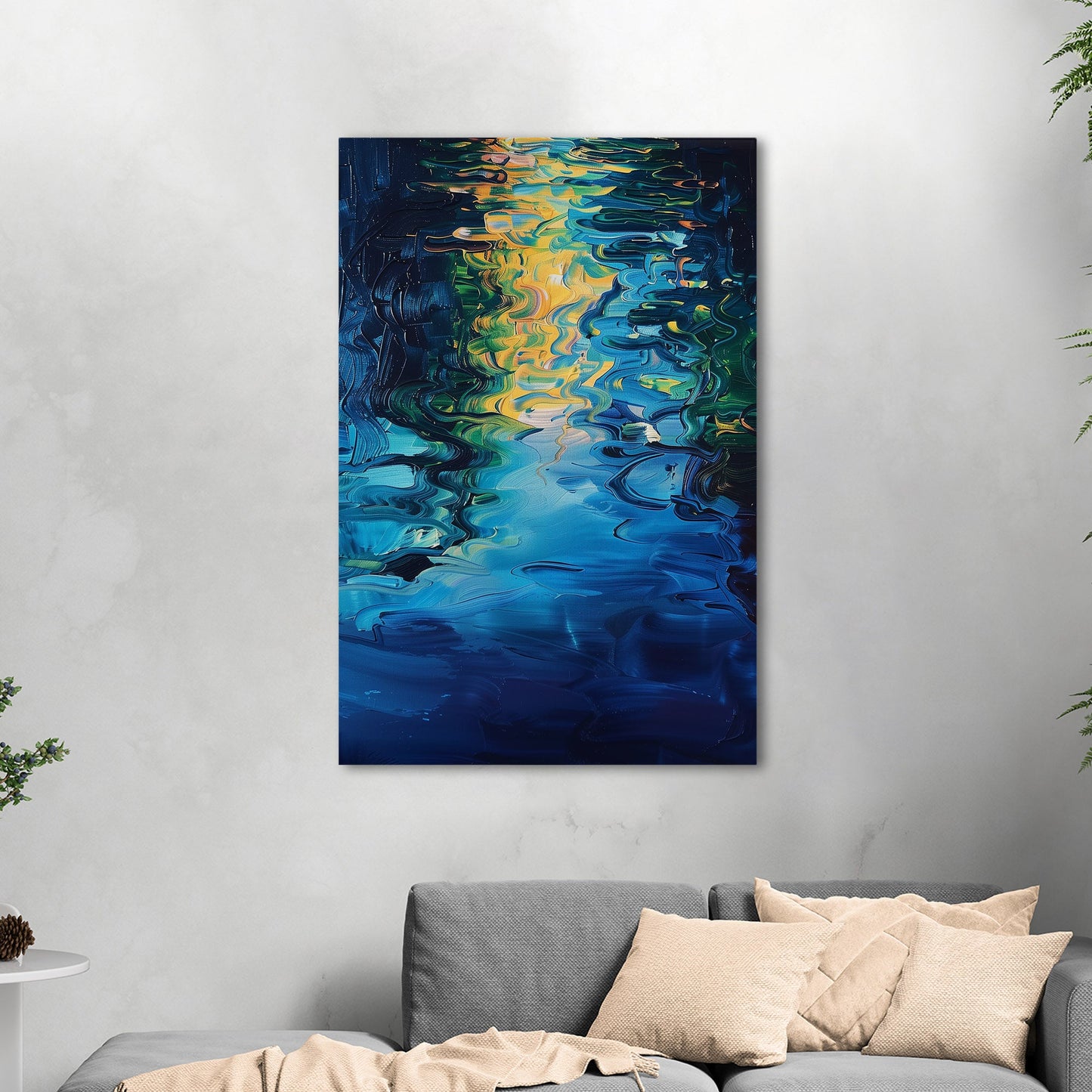 Mesmerizing abstract oil painting of water with vibrant ripples - Enchanting Oasis