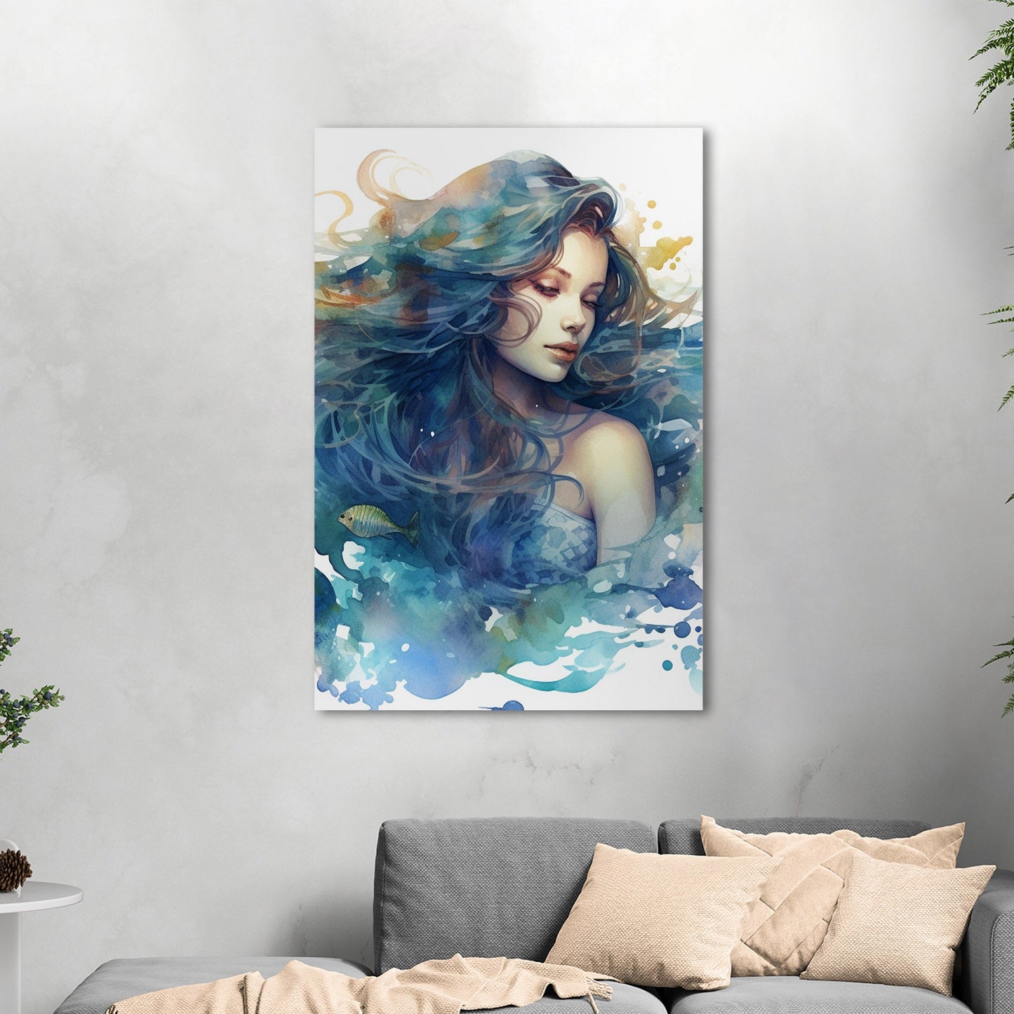 Watercolor Mermaid Portrait in Blue - Enchanting Mermaid's Mystical Underwater Dance