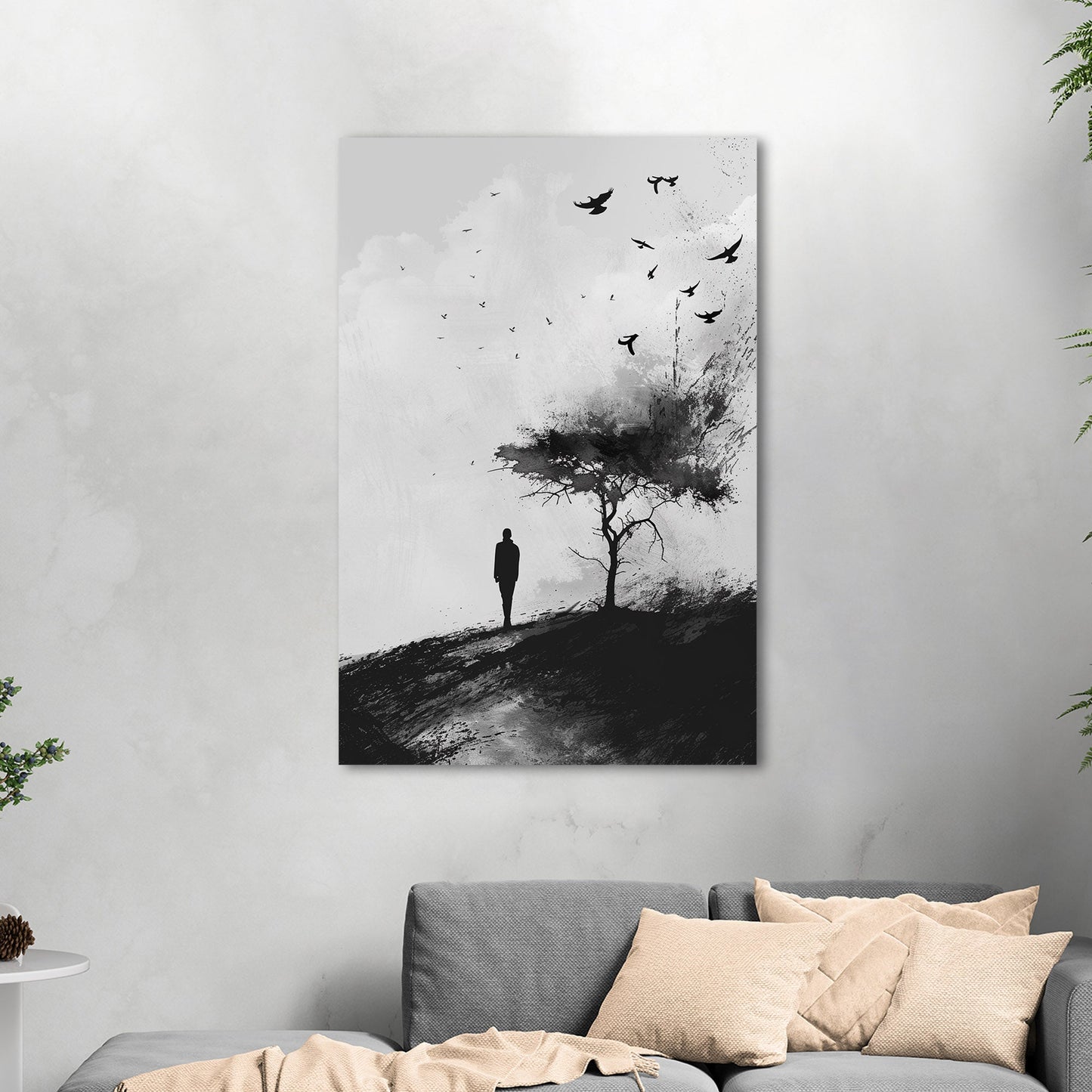 Painting of Silhouetted Man by a Tree with Blackbirds- Elegance in Monochrome