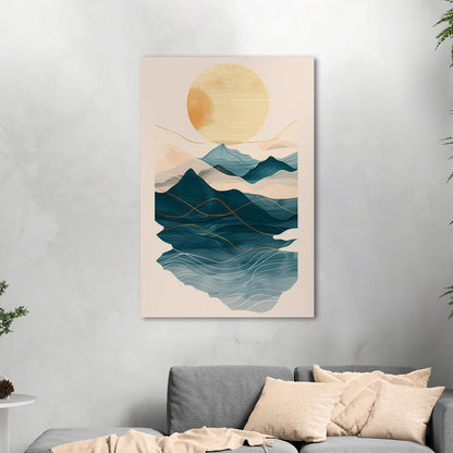 Abstract wall art featuring ocean waves, mountains, and sun - Tranquil Nature Revival