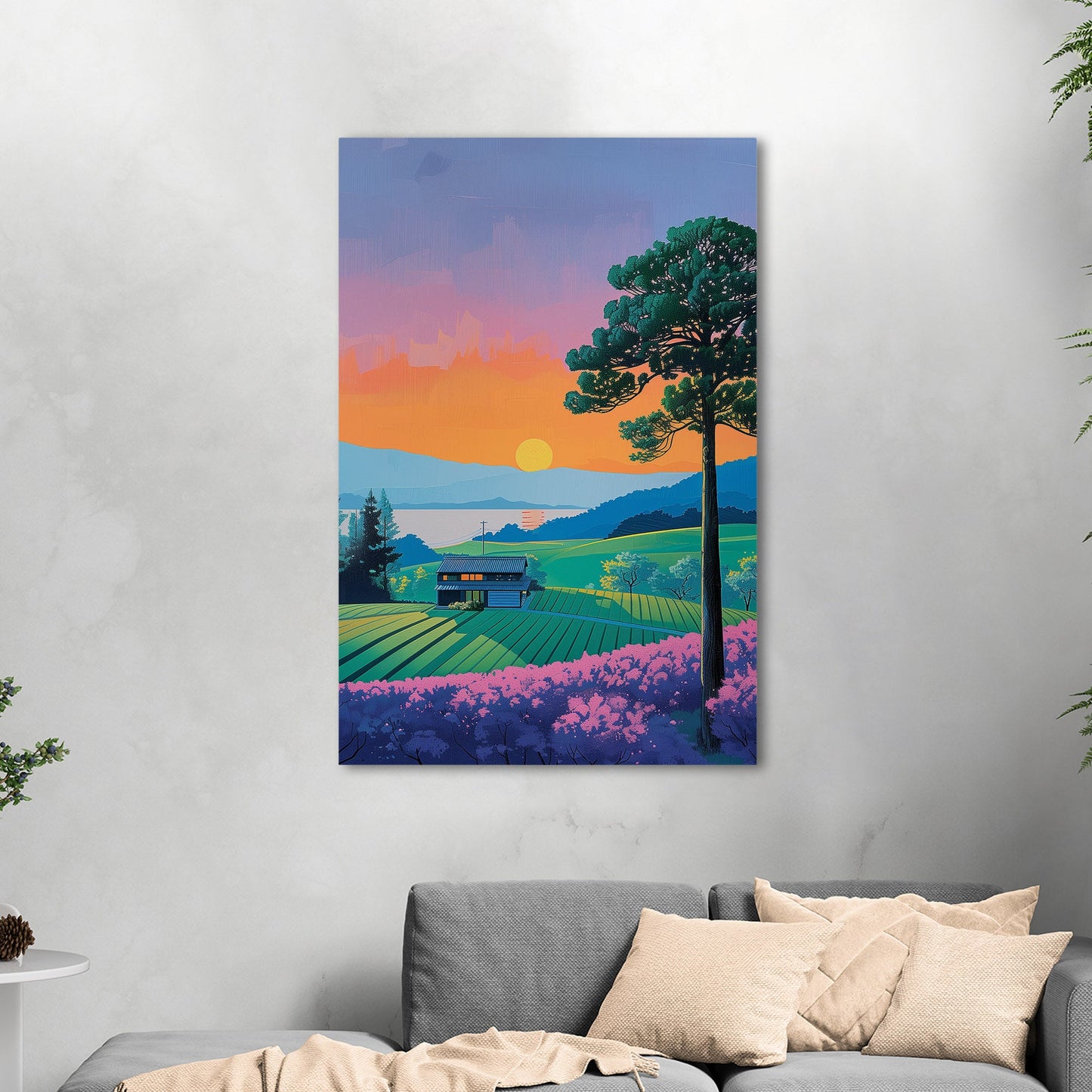 Vintage sunset house on canvas - Serenity Sunset Glow