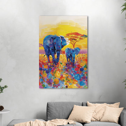 Impressionist Elephant with Child Wandering the Sahara - Elephant Bonding at Sunset