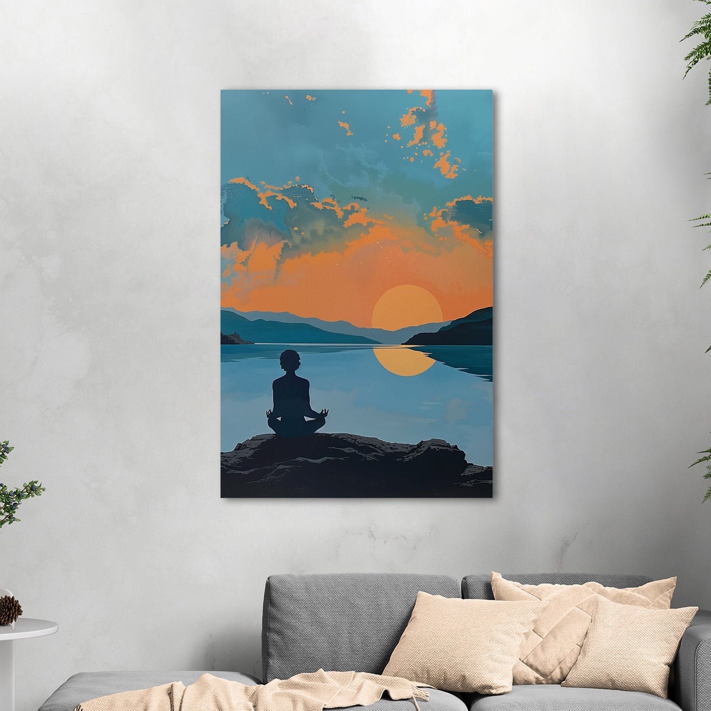 A serene landscape with a person meditating at sunrise: Transcendental Dawn Awakening