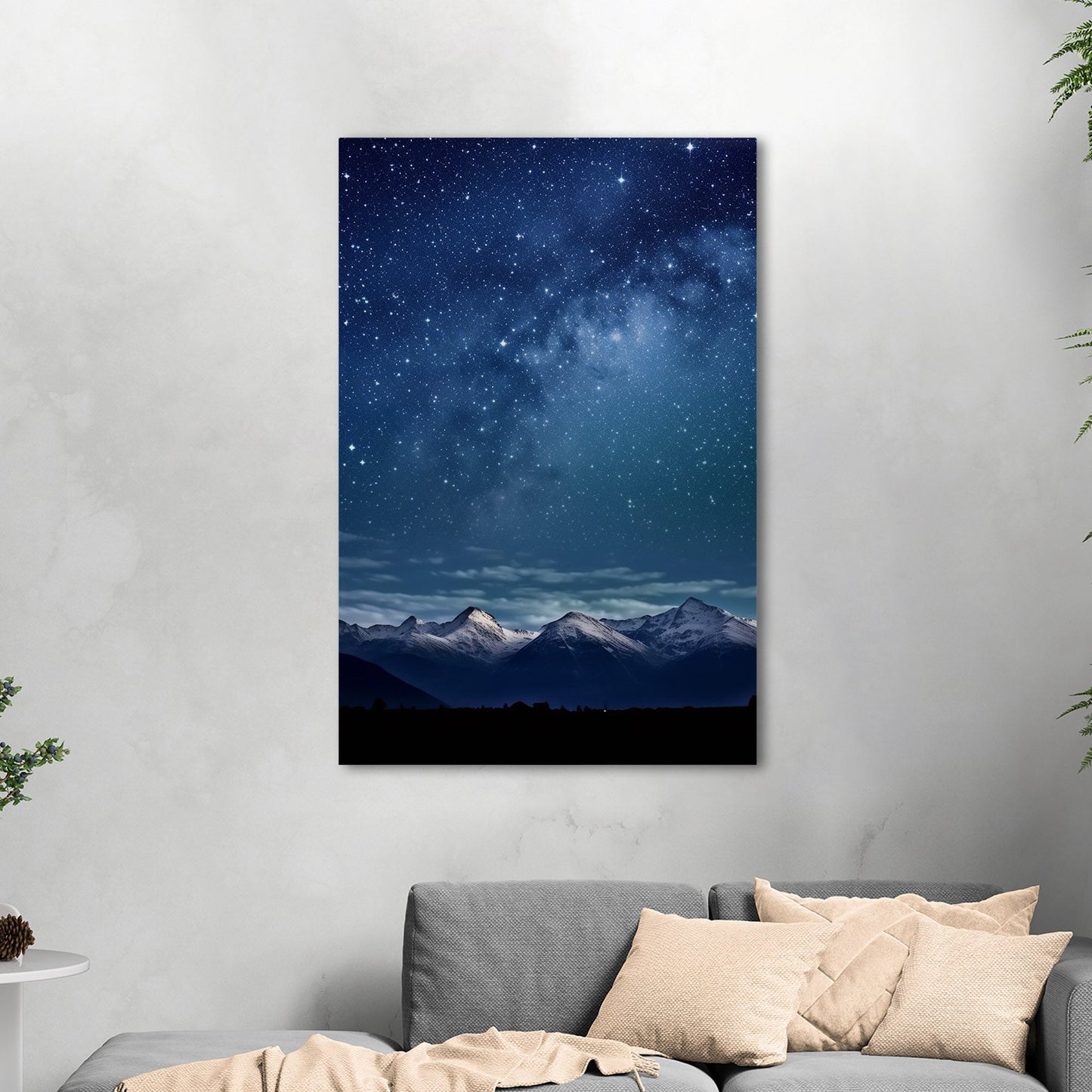 Painting of Star-filled Sky at night with Mountains as Backdrop - Starry Serenity at Midnight