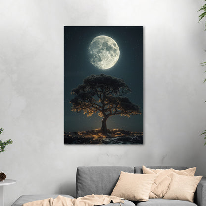 Perfect Isolated Tree with Moon at Night - Moonlit Serenity