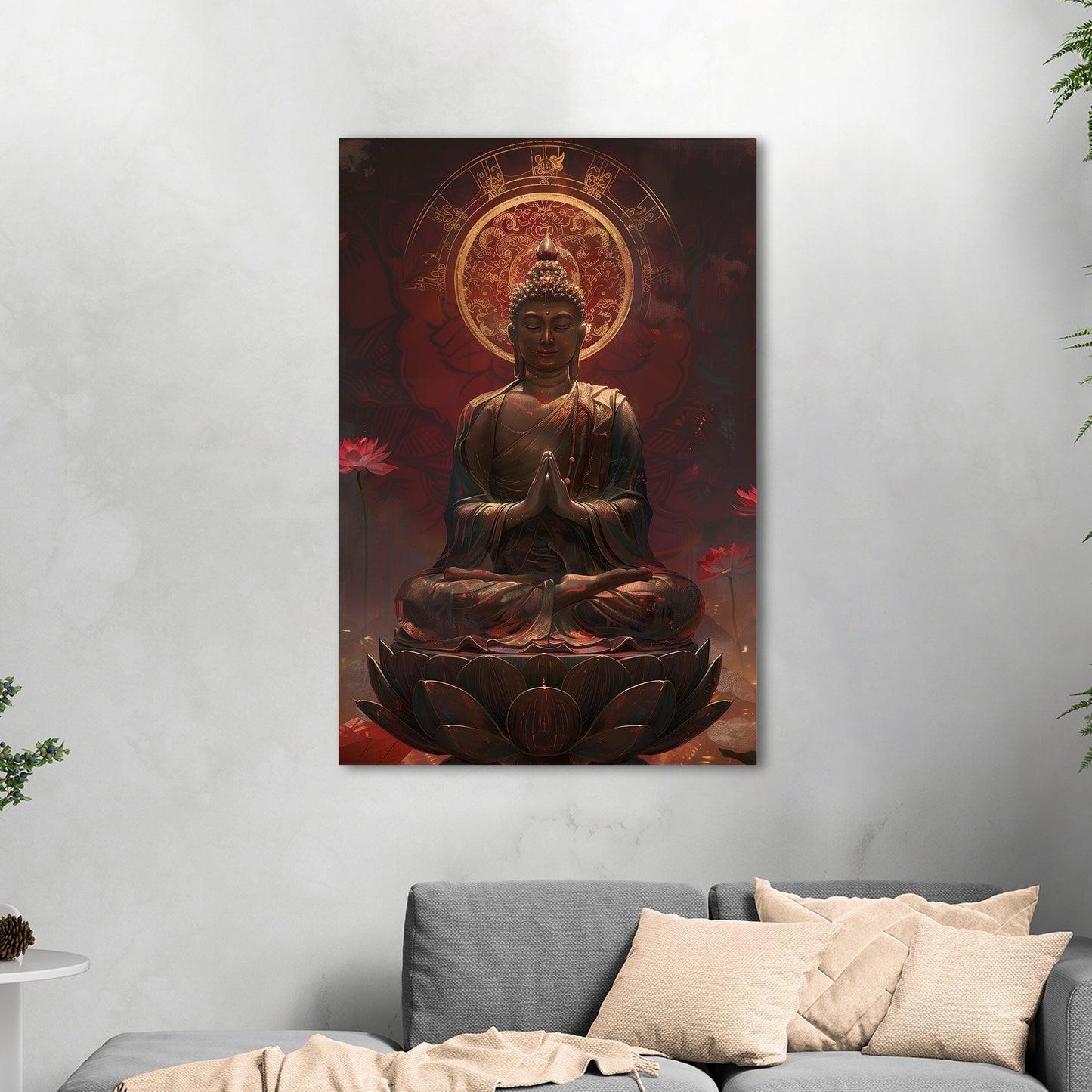 Buddha Statue in Lotus Position, Red Hues - Serene Ascension