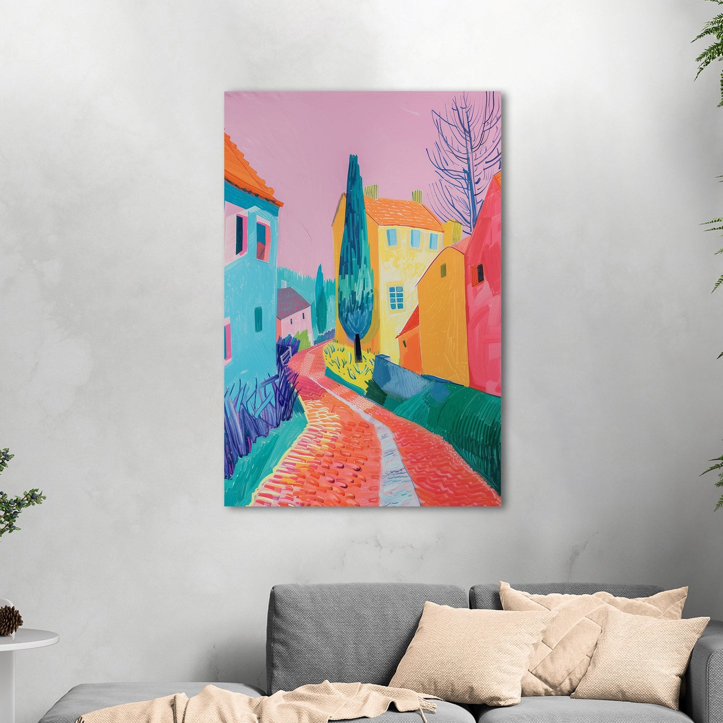 Village Street with Buildings in Vibrant Colors - Tranquil Stroll Escape