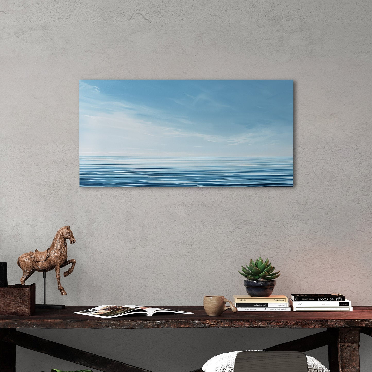 Minimalist abstract brush stroke painting of ocean and blue sky - Tranquil Serenity