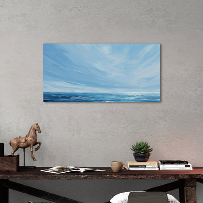 Minimalist abstract brush stroke painting of ocean and blue sky - Tranquil Seaside Serenity