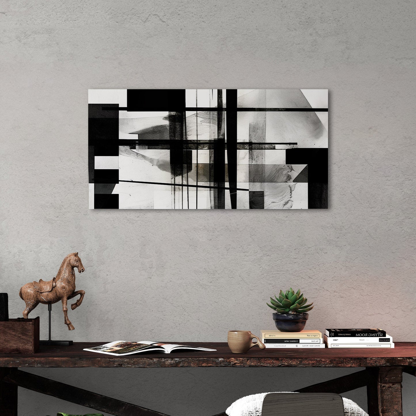 Black and White Geometric Abstract Painting - Sleek Geometry: Monochrome Dreams