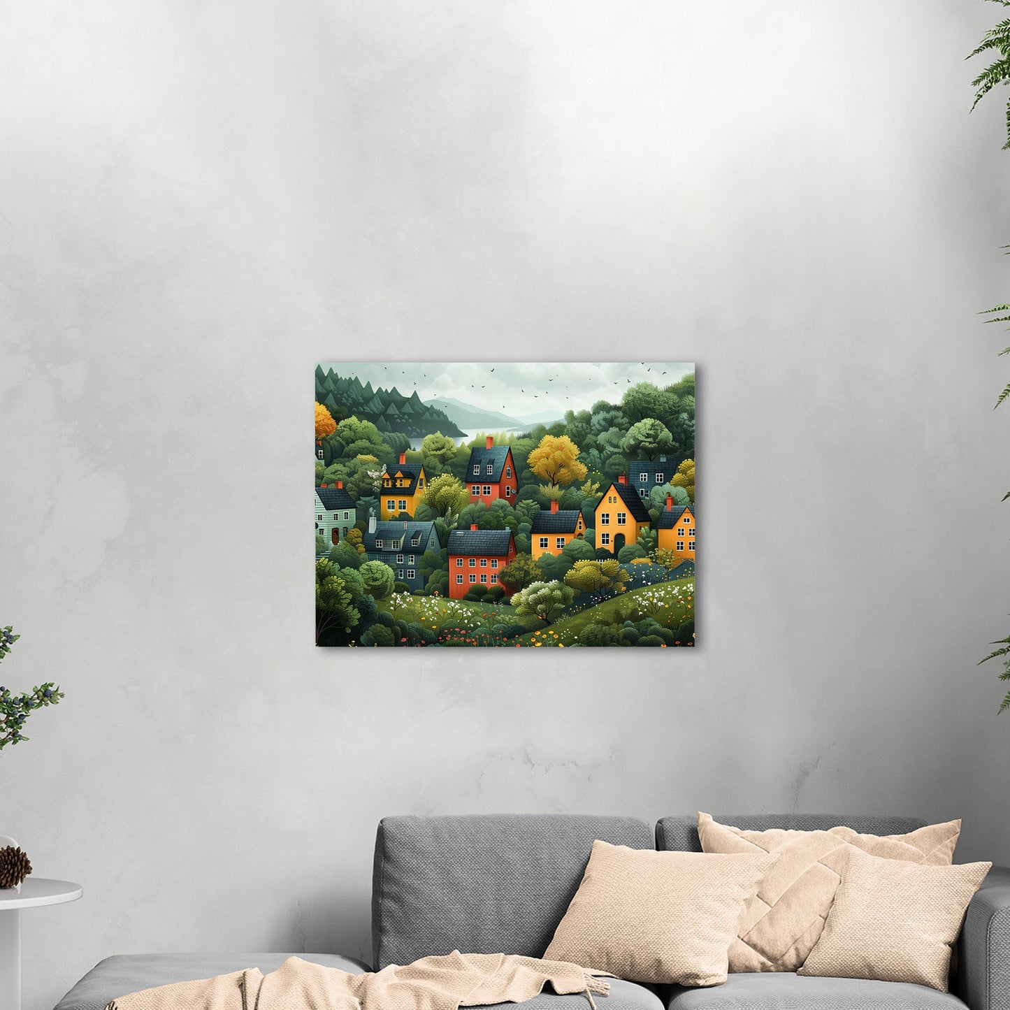 Naive art style illustration of a cute neighborhood down a hill by a lake. - Enchanting Lakeside Village