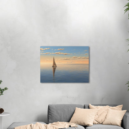 Lone Sailboat at Sunset Painting - Tranquil Sails on the Vast Horizon