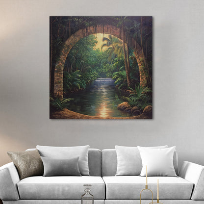 Painting of Archway Tunnel Looking Out at Jungle River - Enchanted Water View