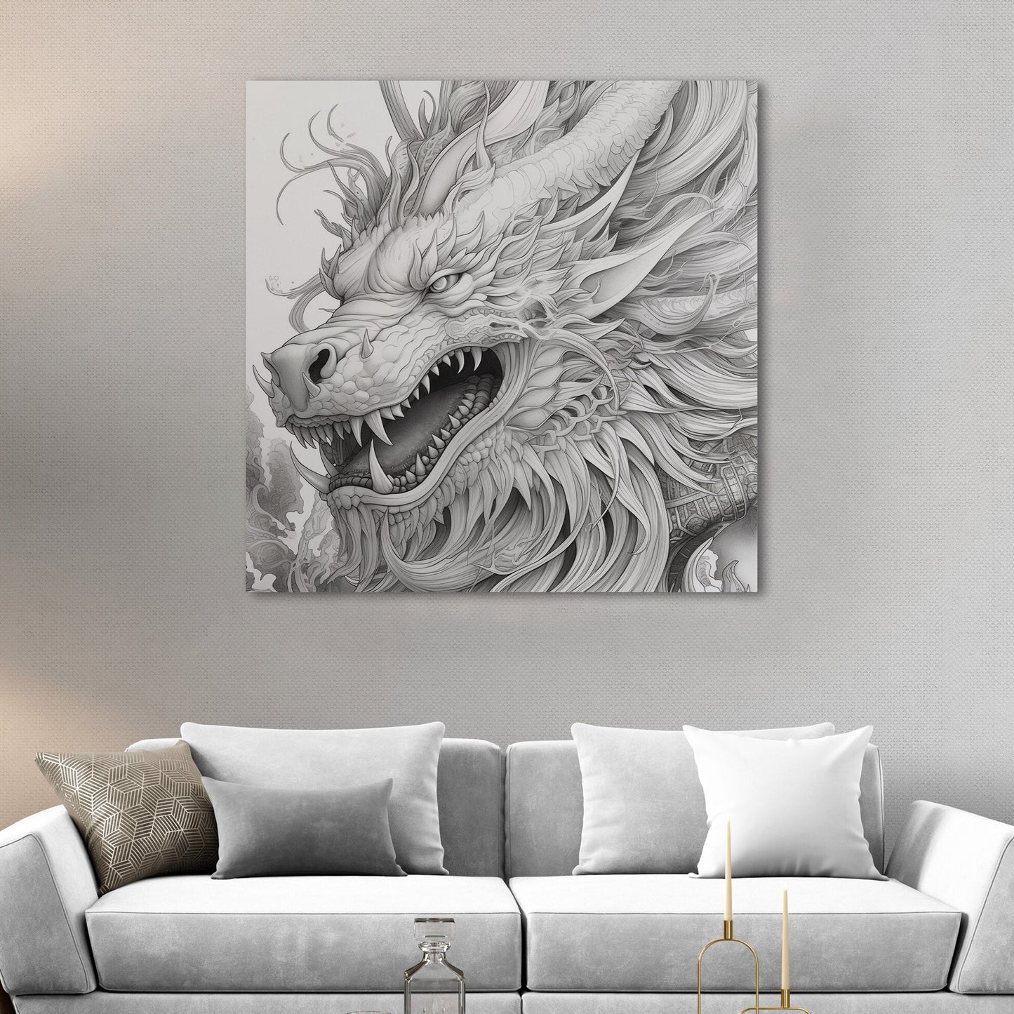 Pencil Drawing Style of Asian Dragon Head - Mythical Dragon: Intricate Allure