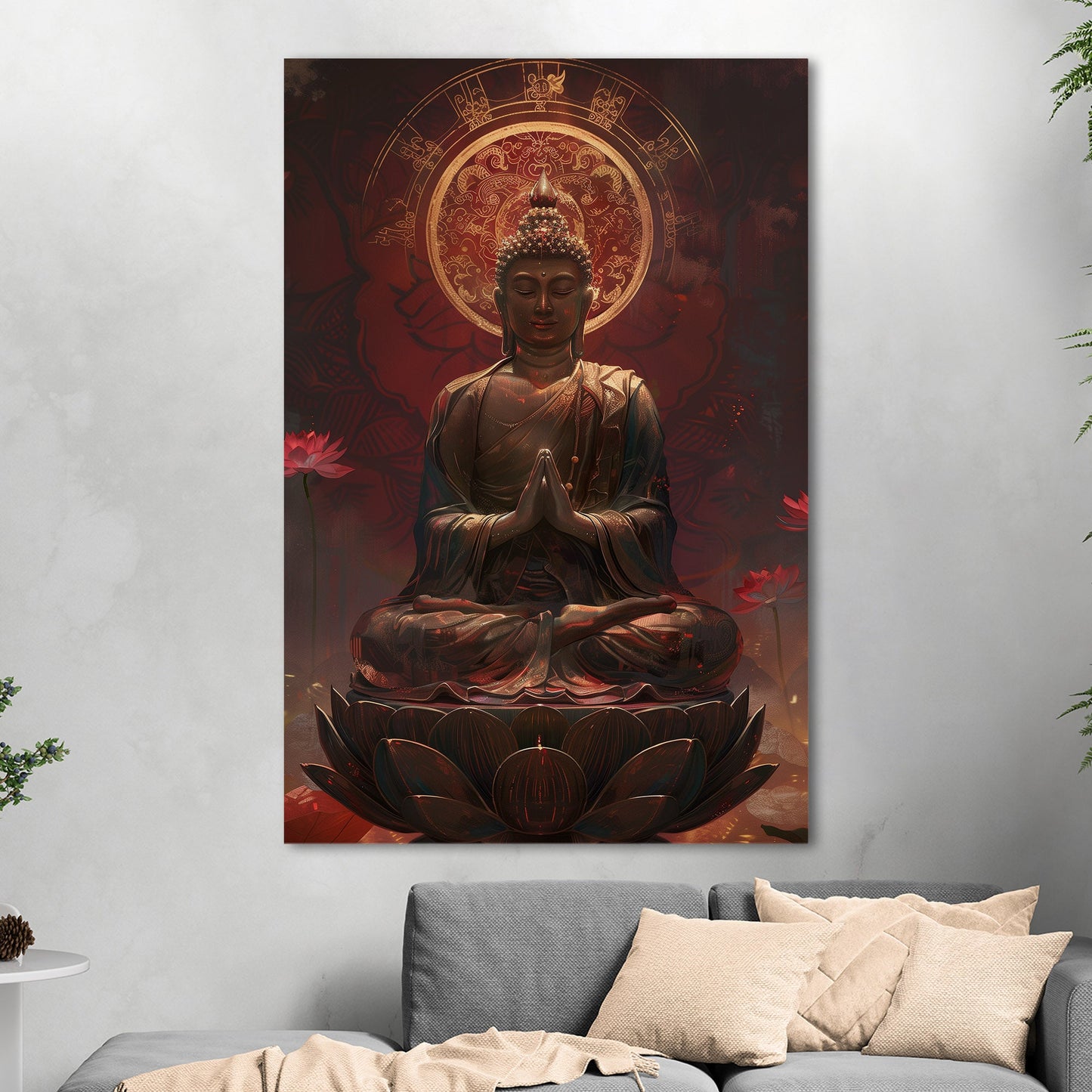 Buddha Statue in Lotus Position, Red Hues - Serene Ascension