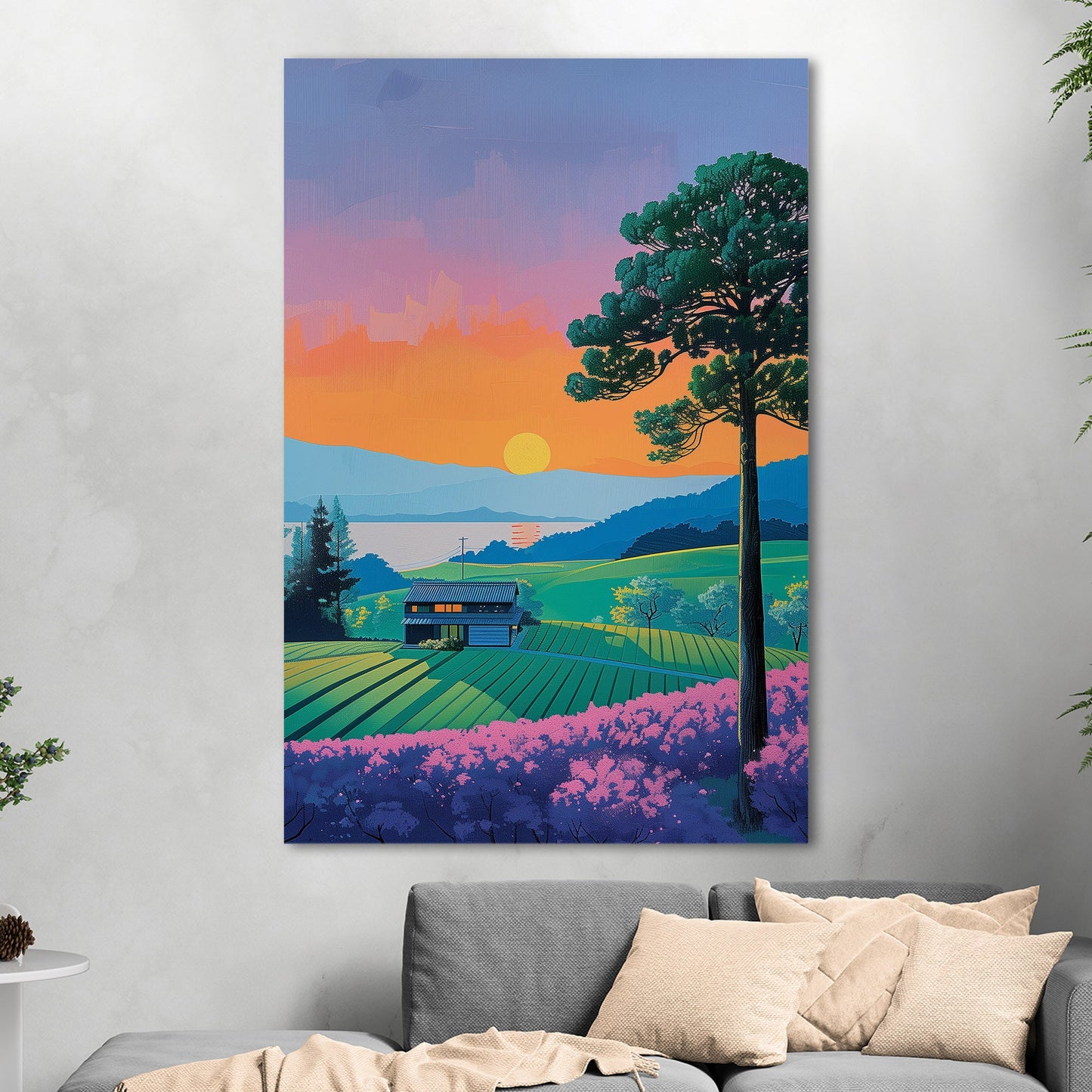 Vintage sunset house on canvas - Serenity Sunset Glow