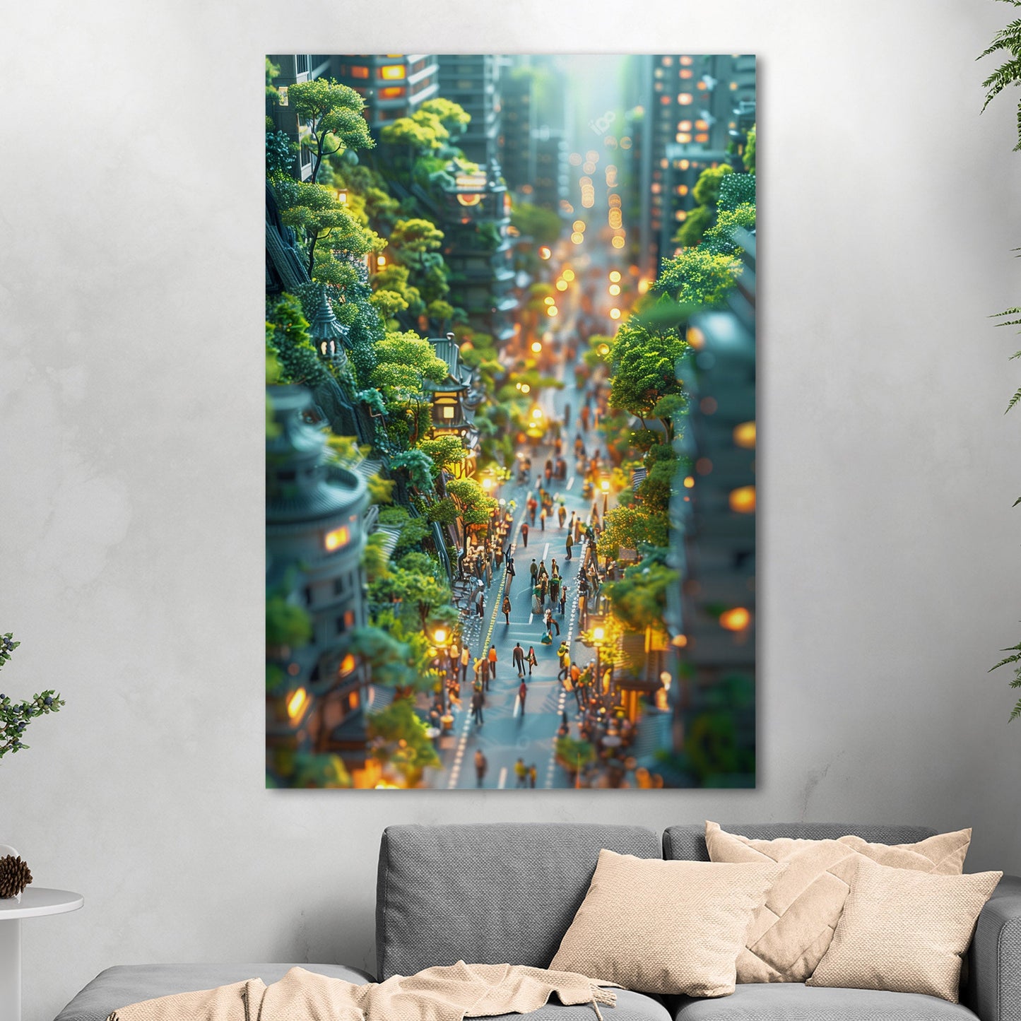 Tilt-shift image of a miniature city street with trees and little people - Avenue of Dreams