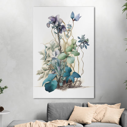 Watercolor of Wildflowers in Blues, Teals and Greens - Botanical Elegance