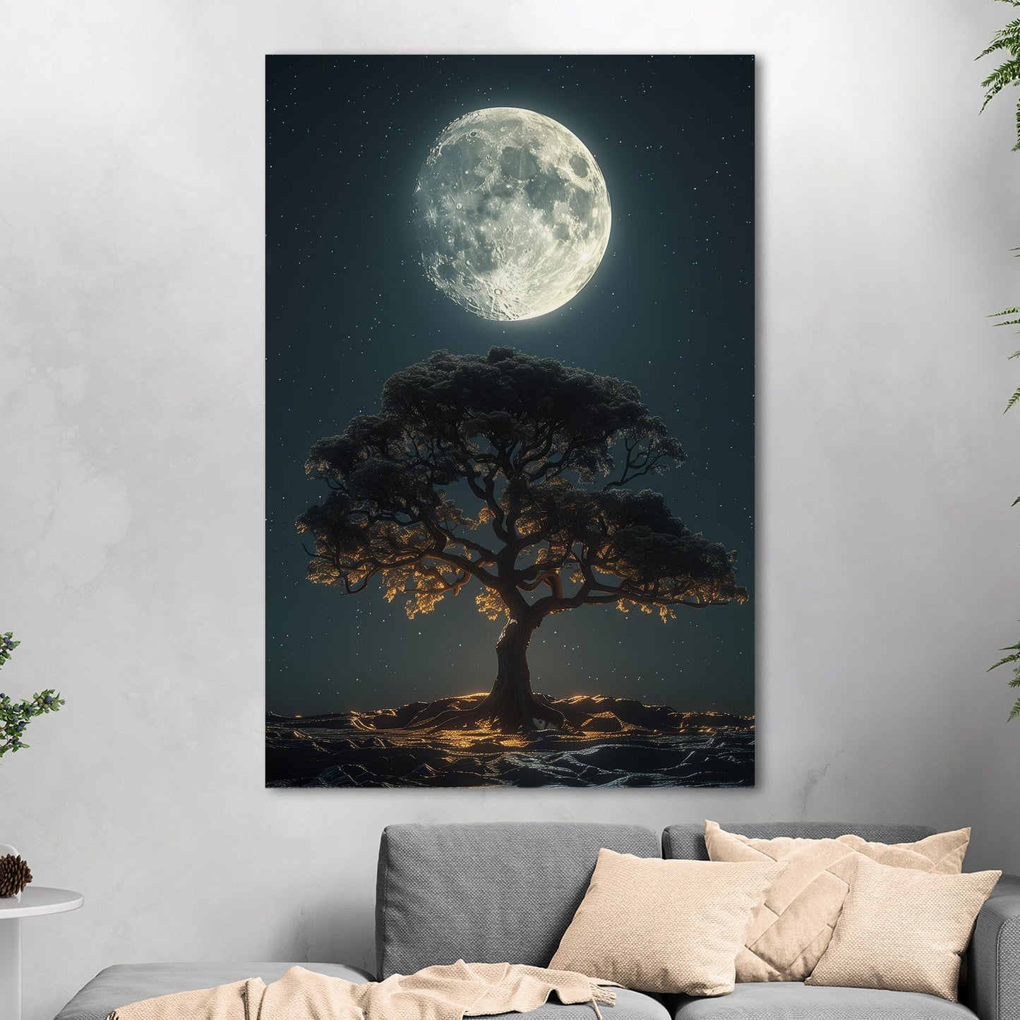 Perfect Isolated Tree with Moon at Night - Moonlit Serenity