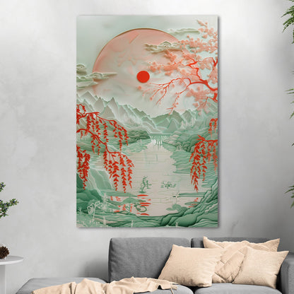 Asian Paper cut style landscape art - Ethereal Willow Dance on Crimson River