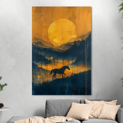 Silhouetted Horse in Mountain Landscape - Golden Gallop: Spirit of the Steppe