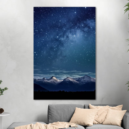 Painting of Star-filled Sky at night with Mountains as Backdrop - Starry Serenity at Midnight