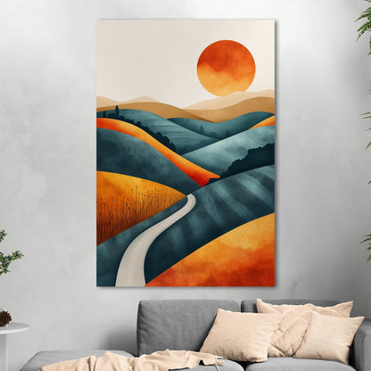 Abstract Hills at Sunset in Orange and Blue - Vivid Dreamscape: Path to Serenity