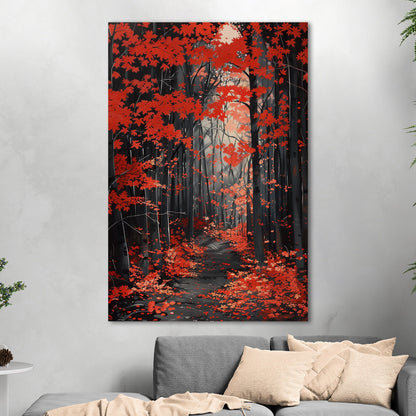 Japanese red maple grove, golden rays, handmade - Elevate Your Space