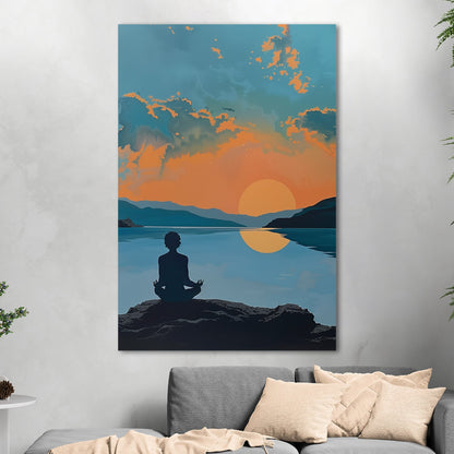 A serene landscape with a person meditating at sunrise: Transcendental Dawn Awakening