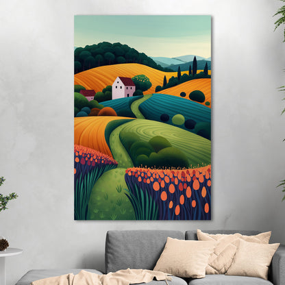 Stylized Digital Illustration of Countryside Vista - Dynamic Dreamscape