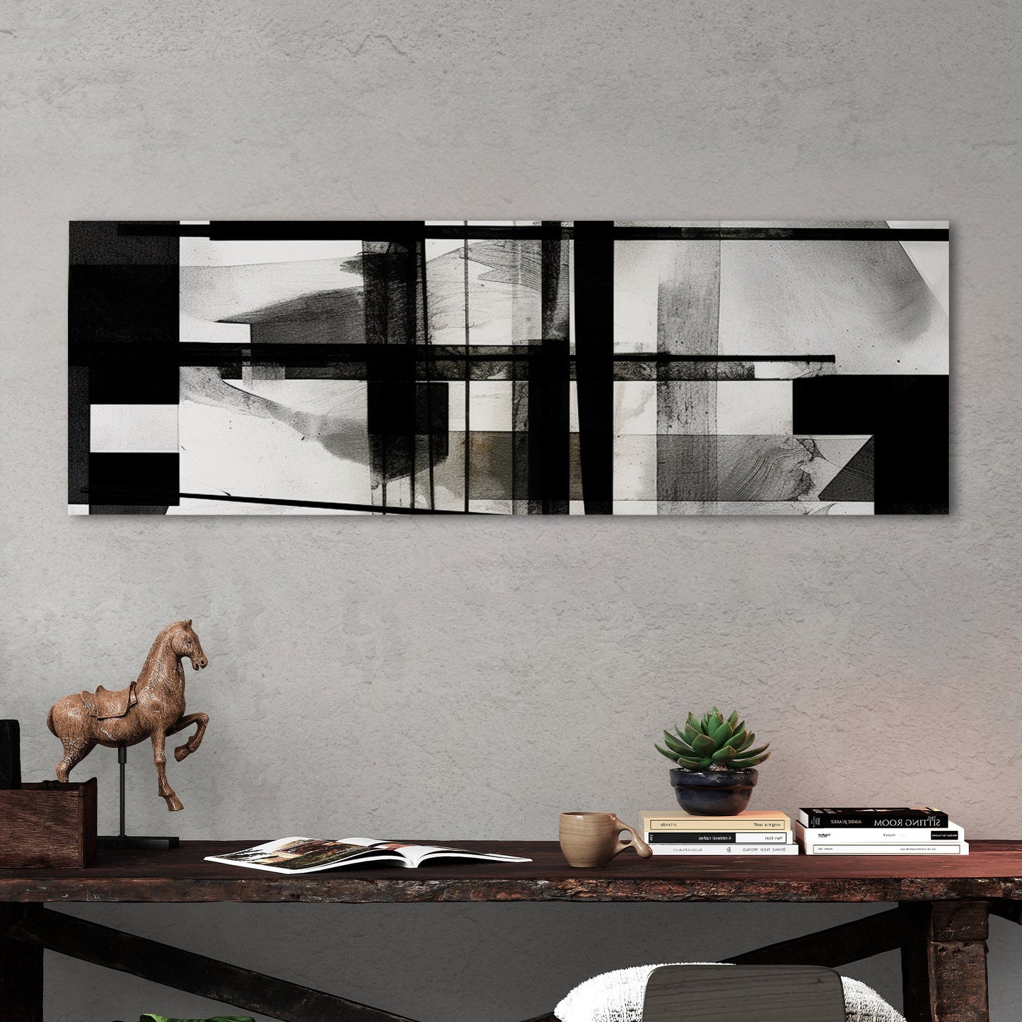 Black and White Geometric Abstract Painting - Sleek Geometry: Monochrome Dreams