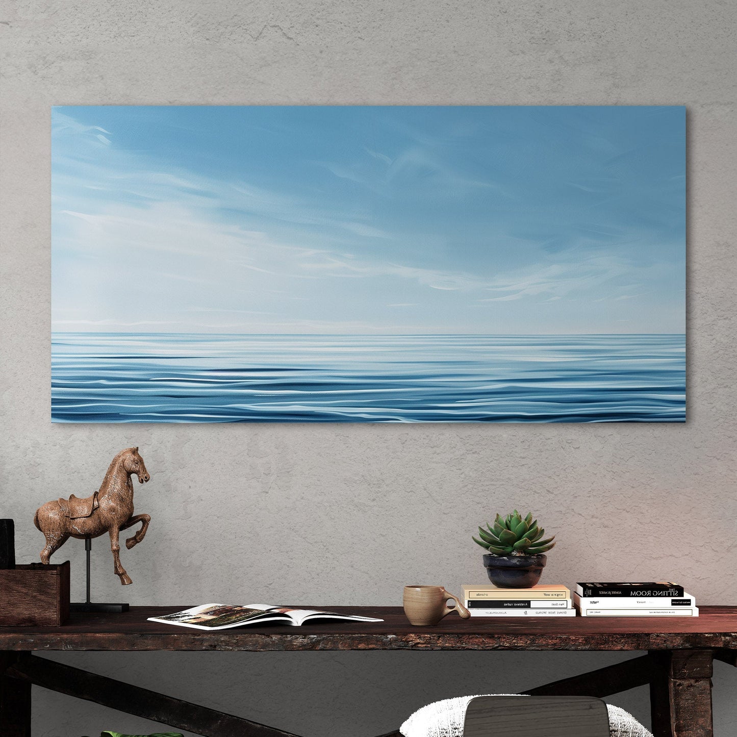 Minimalist abstract brush stroke painting of ocean and blue sky - Tranquil Serenity