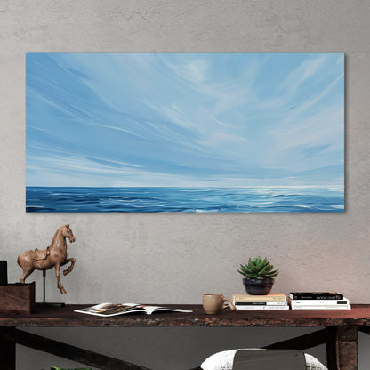 Minimalist abstract brush stroke painting of ocean and blue sky - Tranquil Seaside Serenity