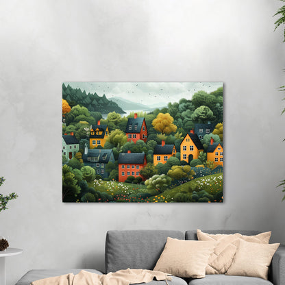 Naive art style illustration of a cute neighborhood down a hill by a lake. - Enchanting Lakeside Village