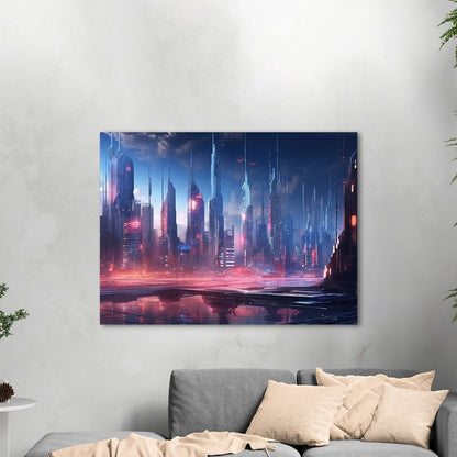 Painting of a Futuristic Cyberpunk City Skyline - Neon Metropolis Glow