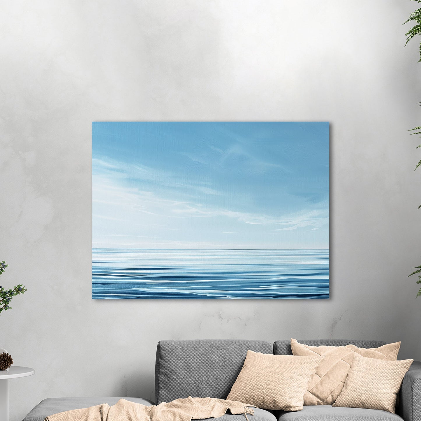 Minimalist abstract brush stroke painting of ocean and blue sky - Serenity Sky Vision