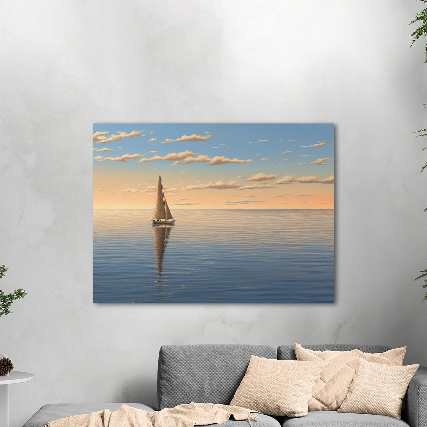 Lone Sailboat at Sunset Painting - Tranquil Sails on the Vast Horizon