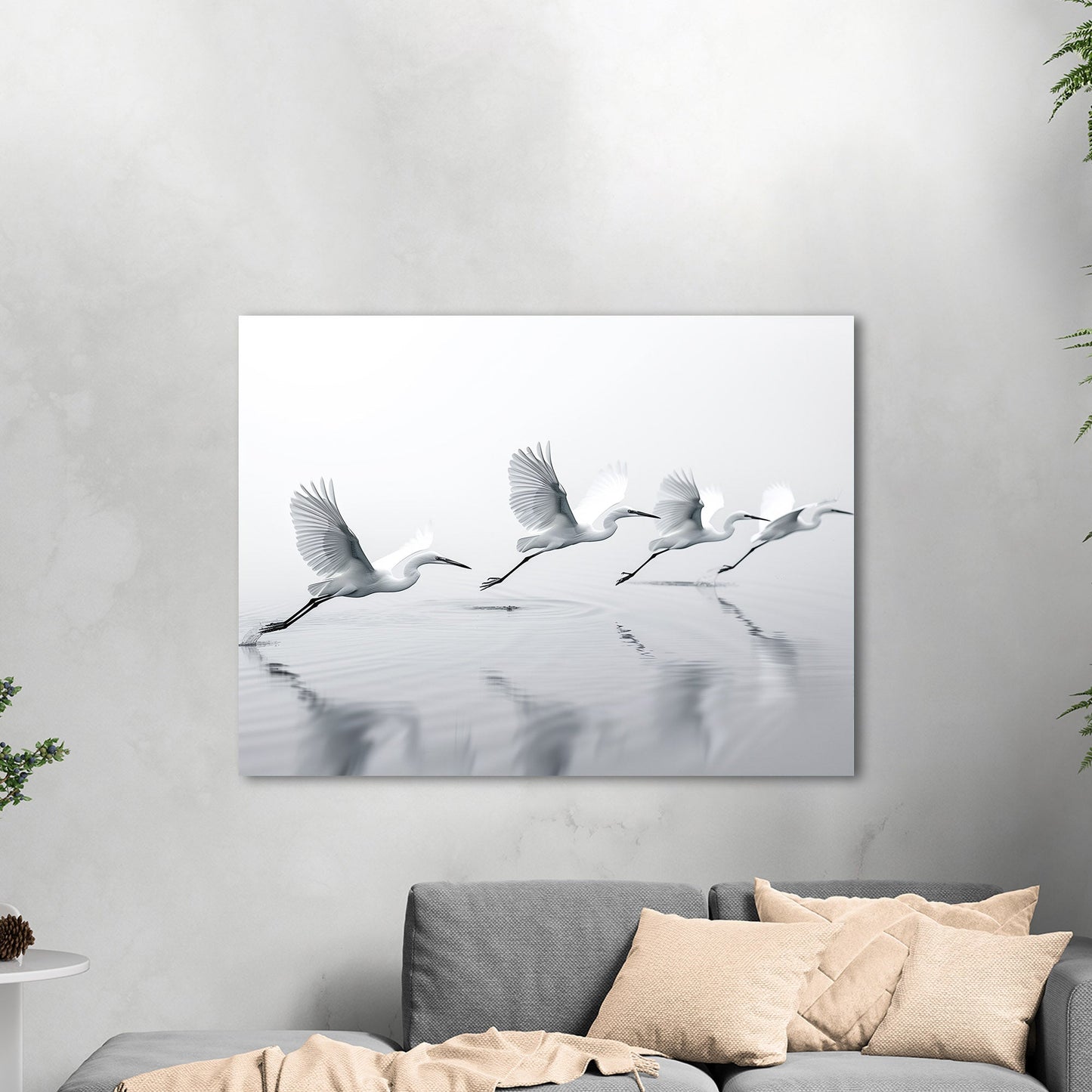 Tranquil wall art depicting elegant egrets flying over serene lake - Serene Flight