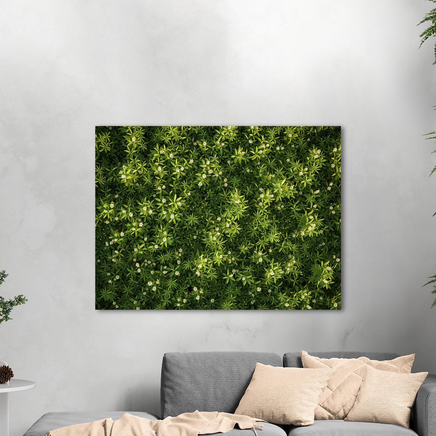 Stunning wall art with lush greens and tiny wildflowers - Enchanted Oasis