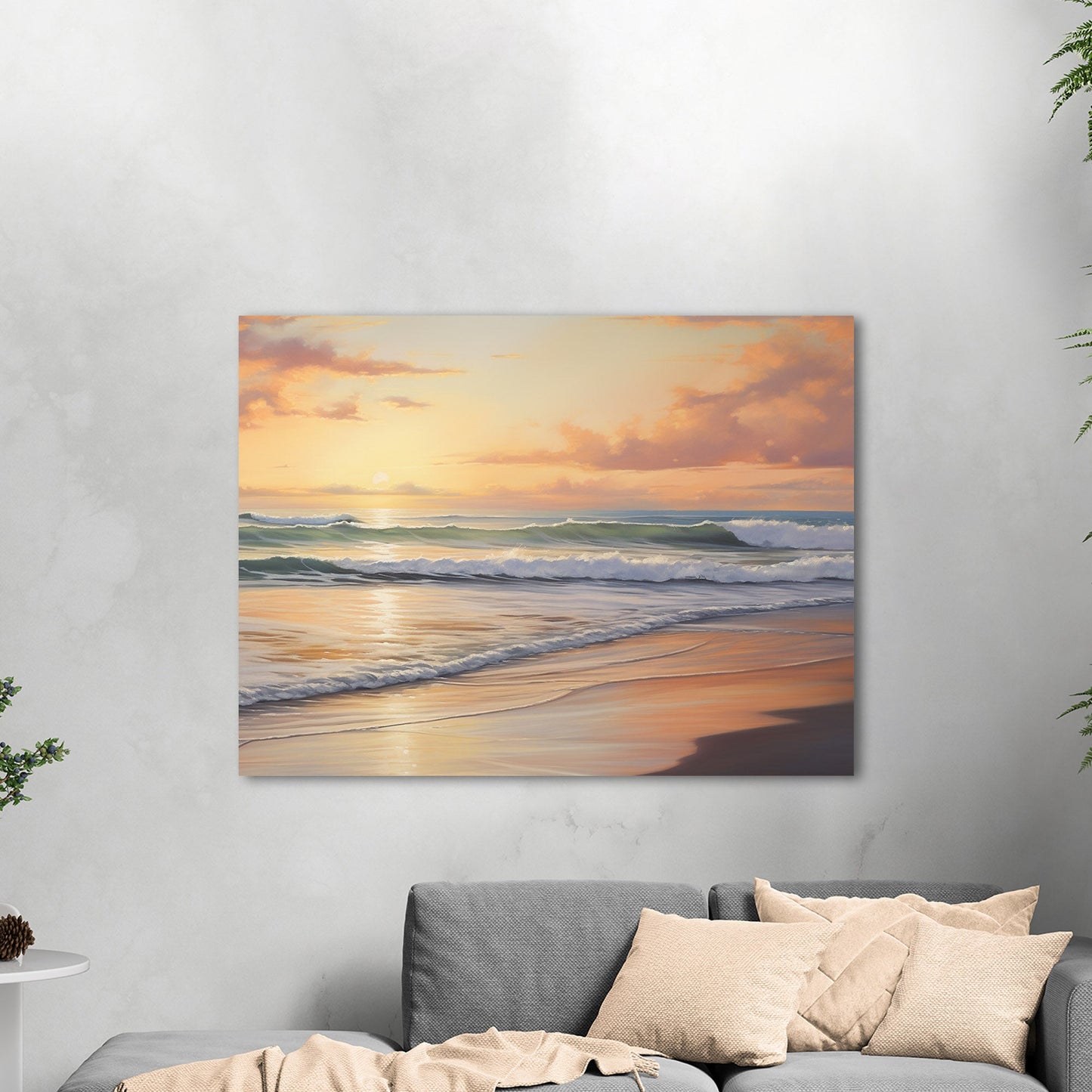 Coastal Beach Painting at Sunset - Golden Coast Sunset Serenity