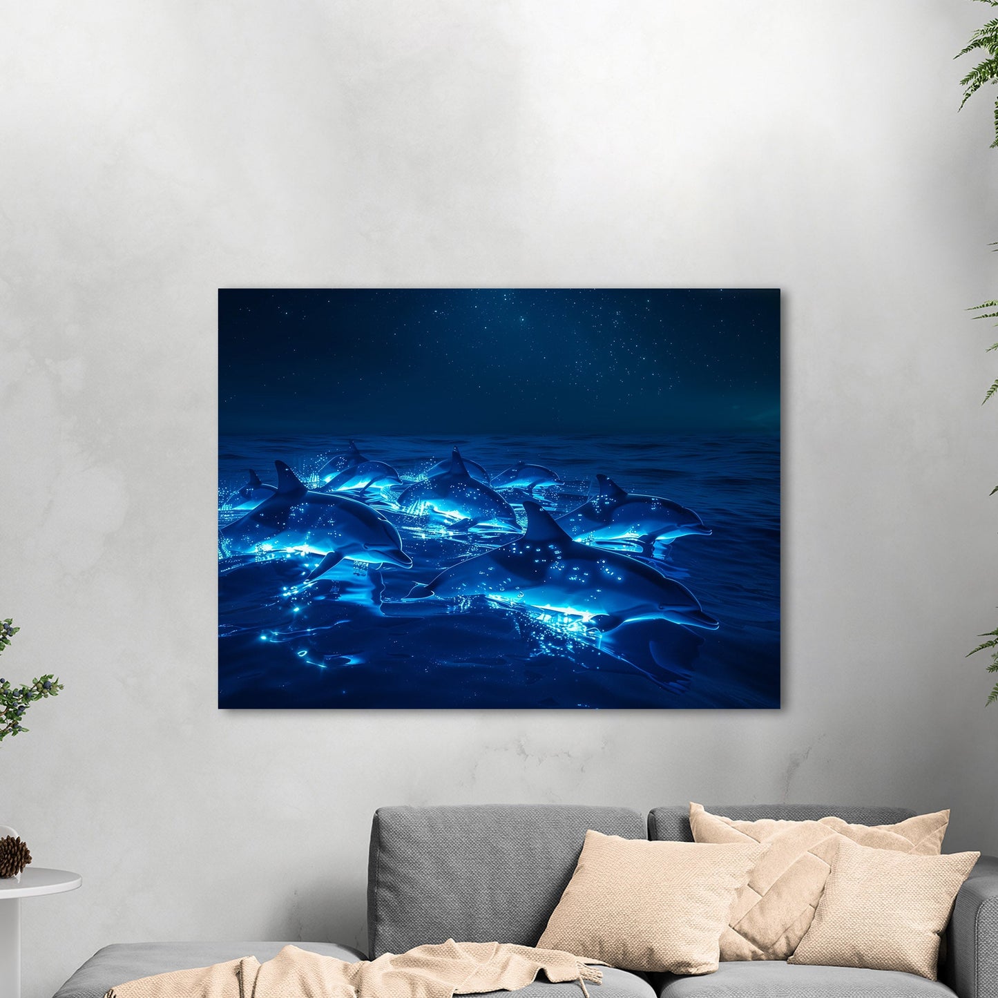 Dolphins Illuminated in Blue Swimming at Night - Glowing Dolphins Under Starlight