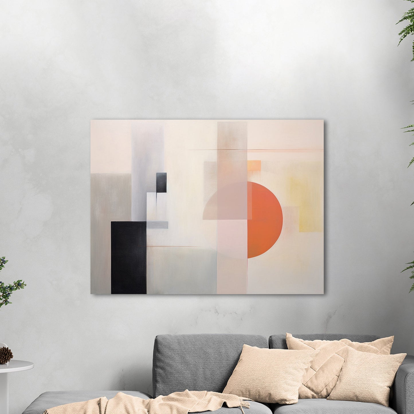 Abstract Geometric Black, Grey, Orange Shapes Painting - Mystic Horizon