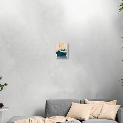 Abstract wall art featuring ocean waves, mountains, and sun - Tranquil Nature Revival