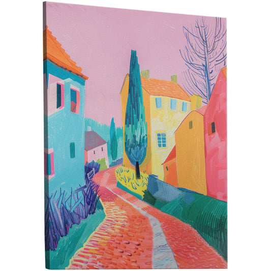 Village Street with Buildings in Vibrant Colors - Tranquil Stroll Escape