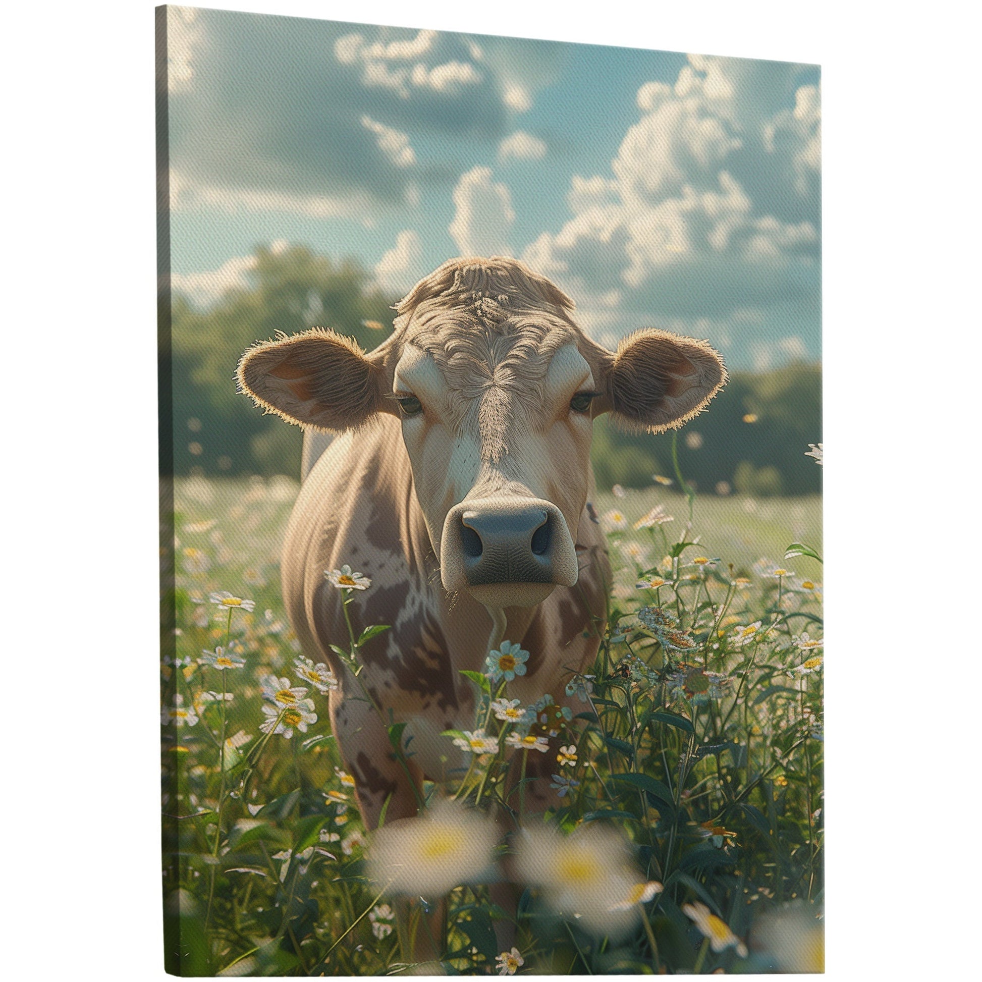 Pixar-style grassland wall art with cows grazing in distance