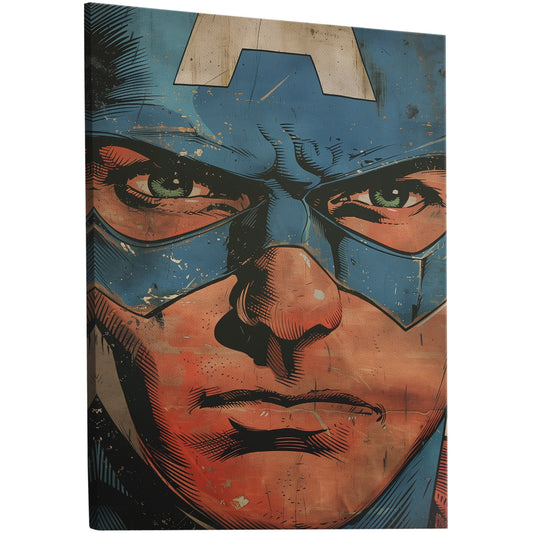 Handmade Captain America closeup wall art with vintage comic book feel on high-quality materials